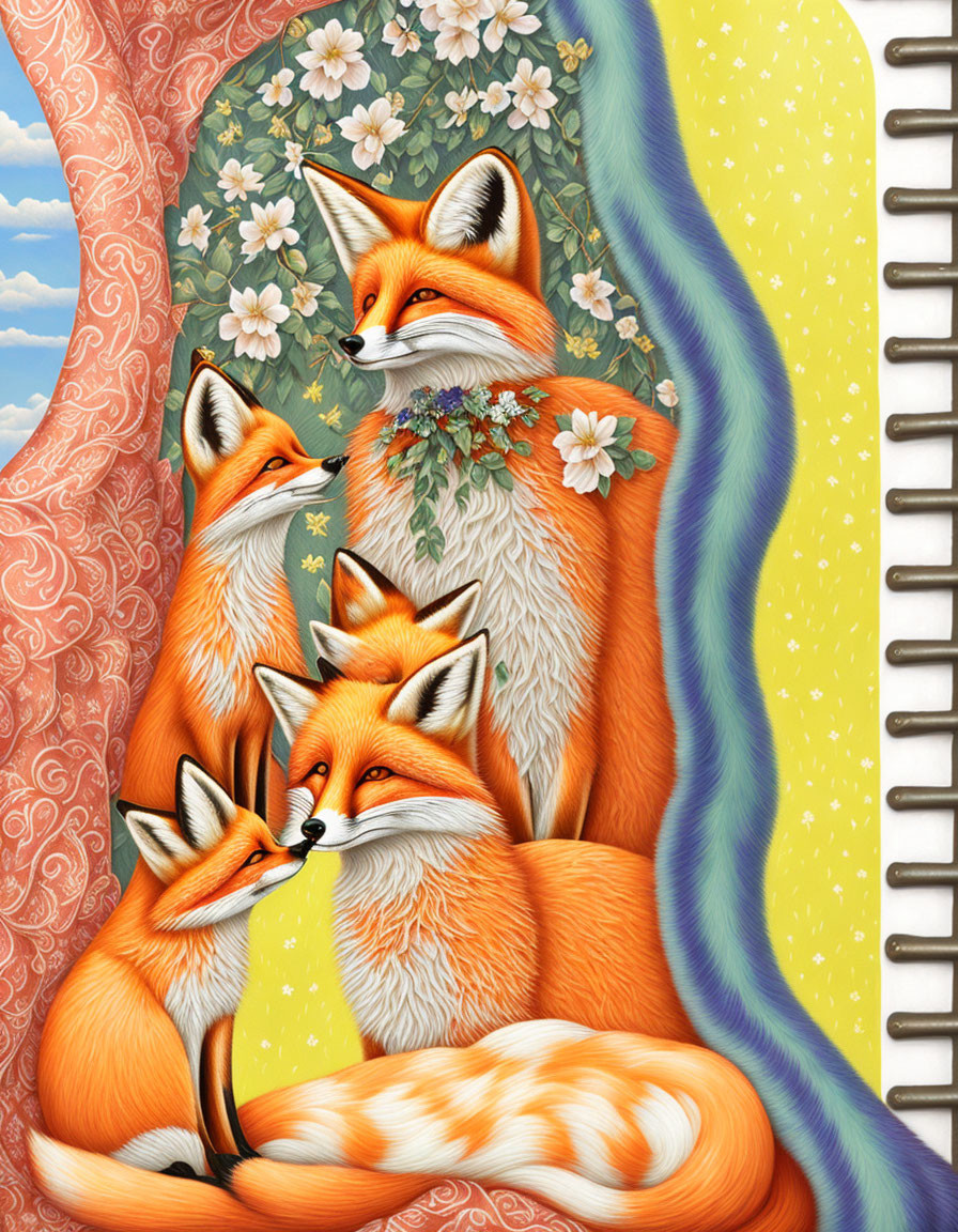 Vibrant orange foxes with floral adornments on colorful background