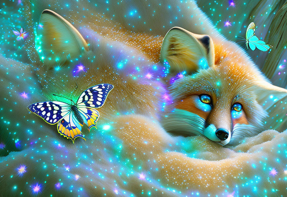 Colorful Fox Surrounded by Glowing Aura and Butterflies