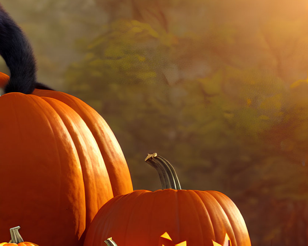 Autumn Scene: Pumpkins and Jack-o'-lanterns on Leafy Ground