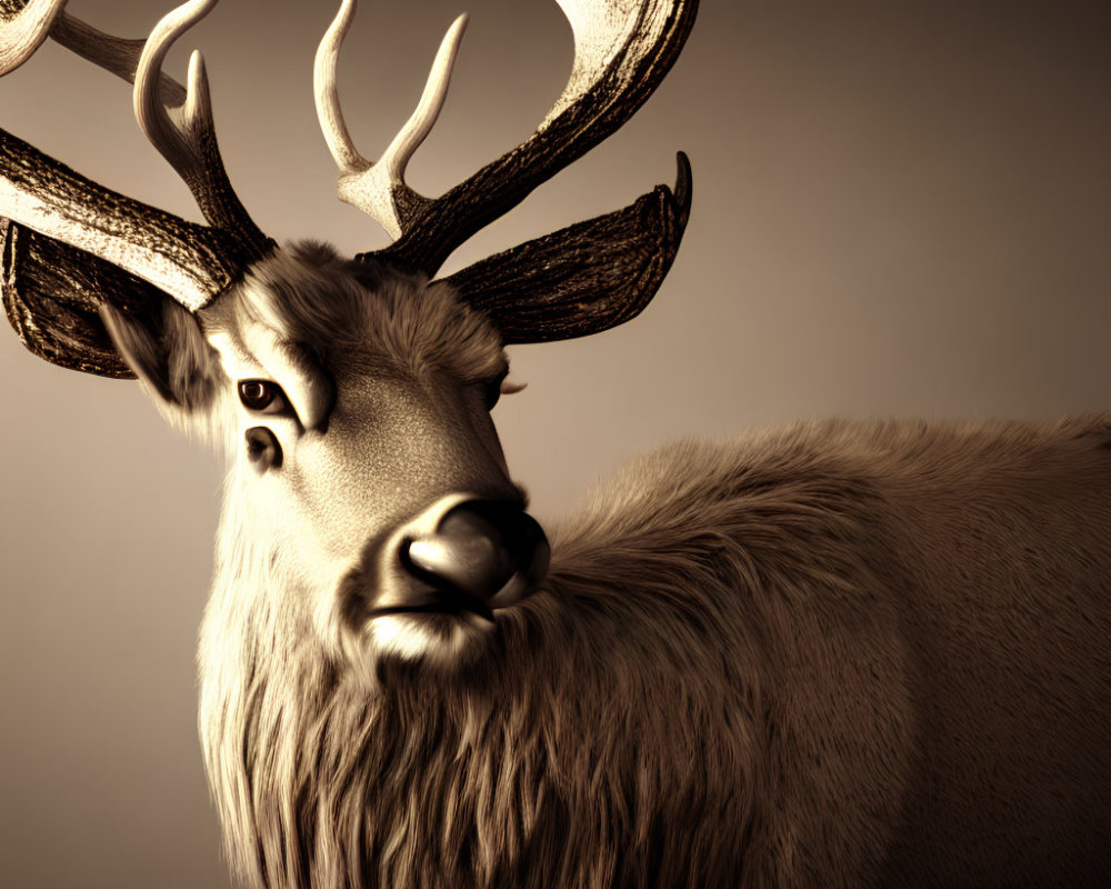 Majestic stag portrait with prominent antlers in warm sepia light