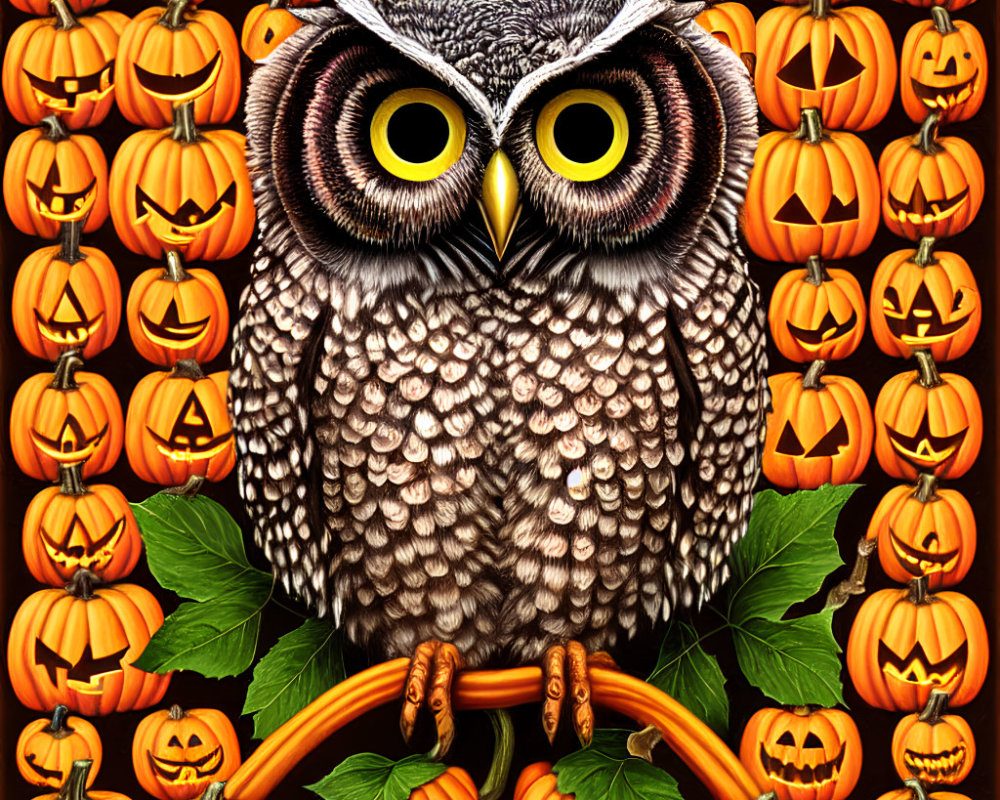 Yellow-eyed Owl Perched Among Carved Jack-o'-lanterns