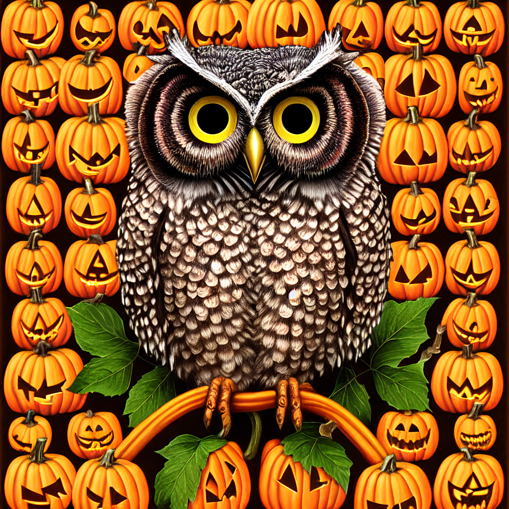 Yellow-eyed Owl Perched Among Carved Jack-o'-lanterns