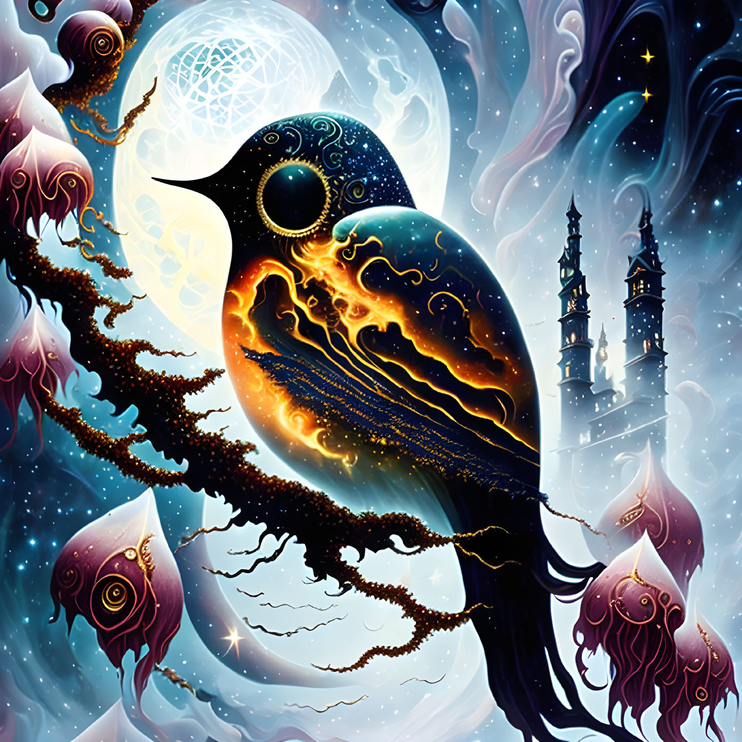 Cosmic raven perched on branch with galaxy patterns in surreal artwork