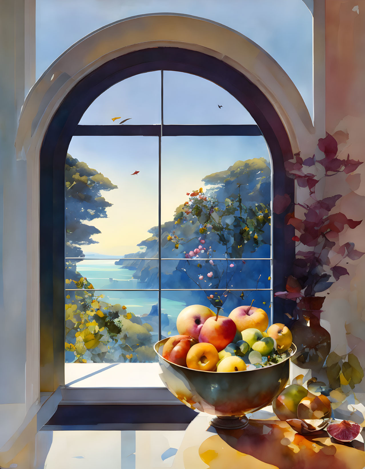 Colorful Watercolor Painting: Fruit Bowl on Coastal Windowsill