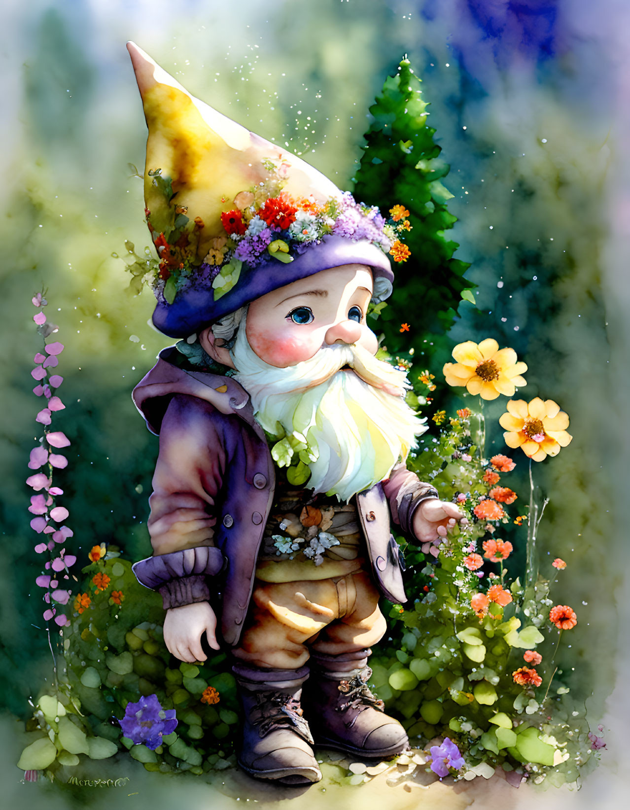 Whimsical garden gnome with flower hat in colorful forest