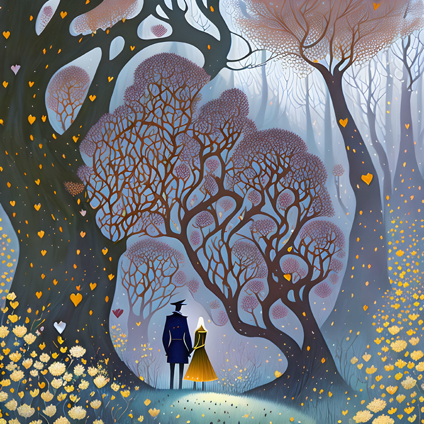 Whimsical forest couple holding hands under twilight sky