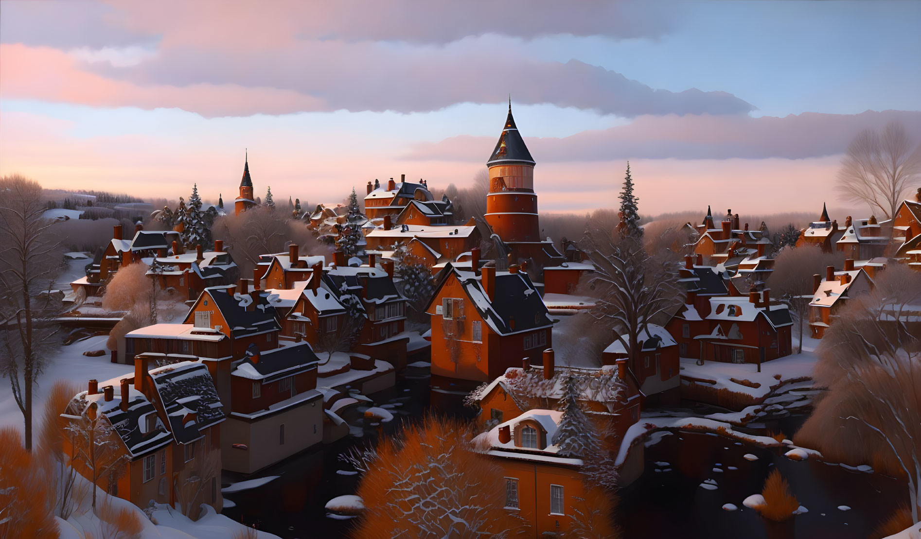 Snowy village at dusk: Tower, river, warm lights