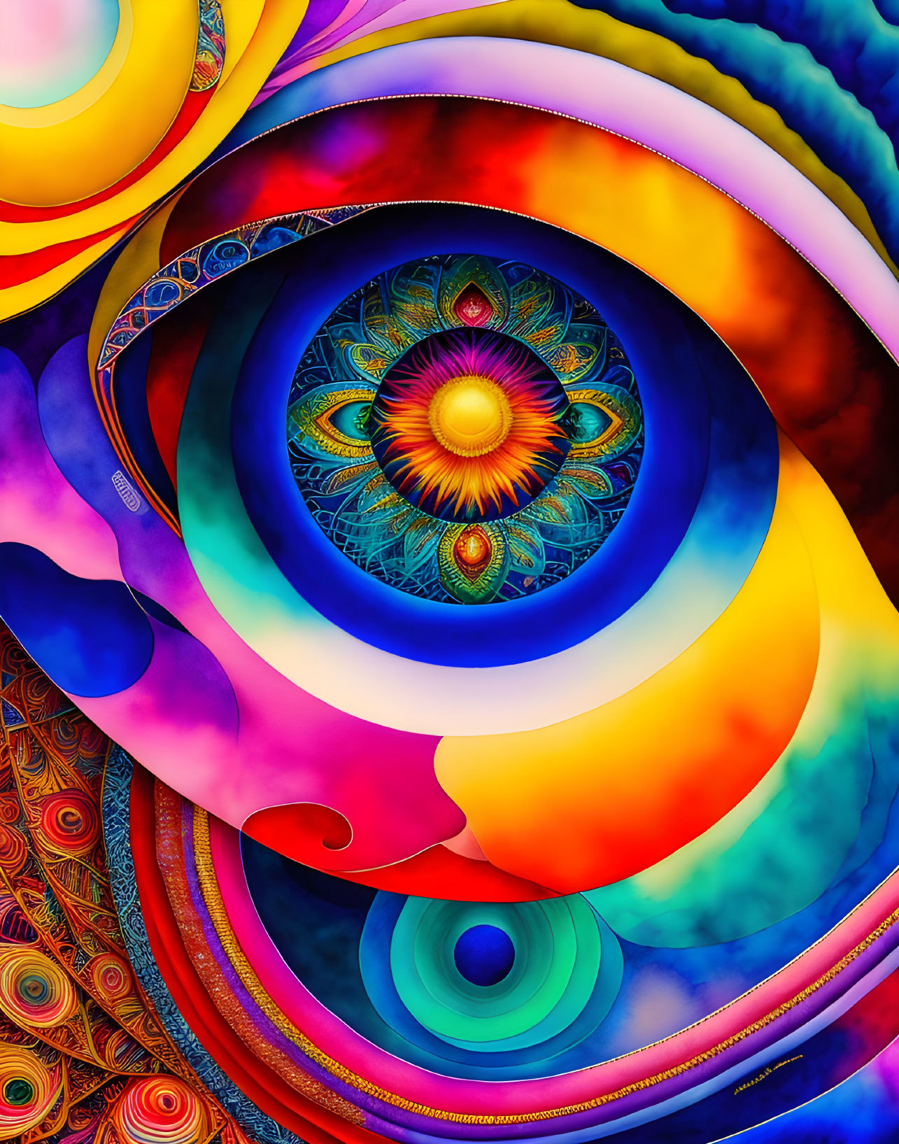 Colorful Abstract Artwork with Swirling Patterns and Eye Motif