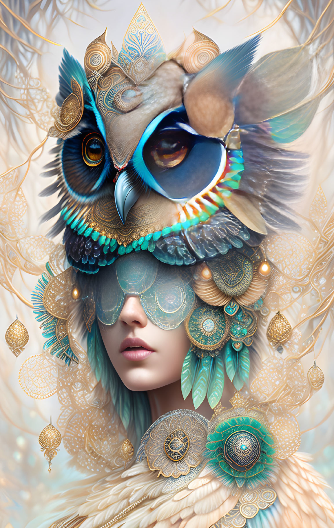 Surreal portrait of woman's face blended with owl, featuring intricate jewelry and feathers.