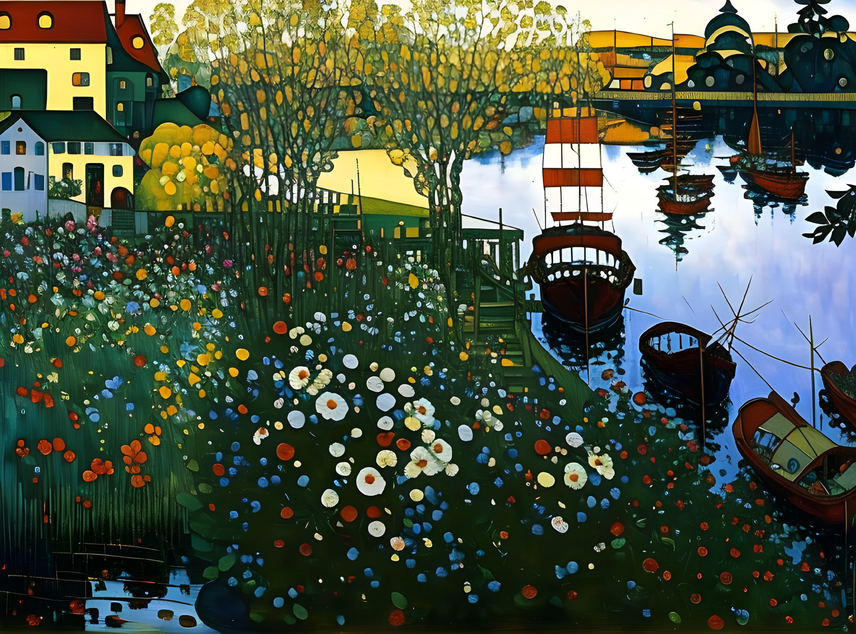 Vibrant floral landscape with river, boats, and houses