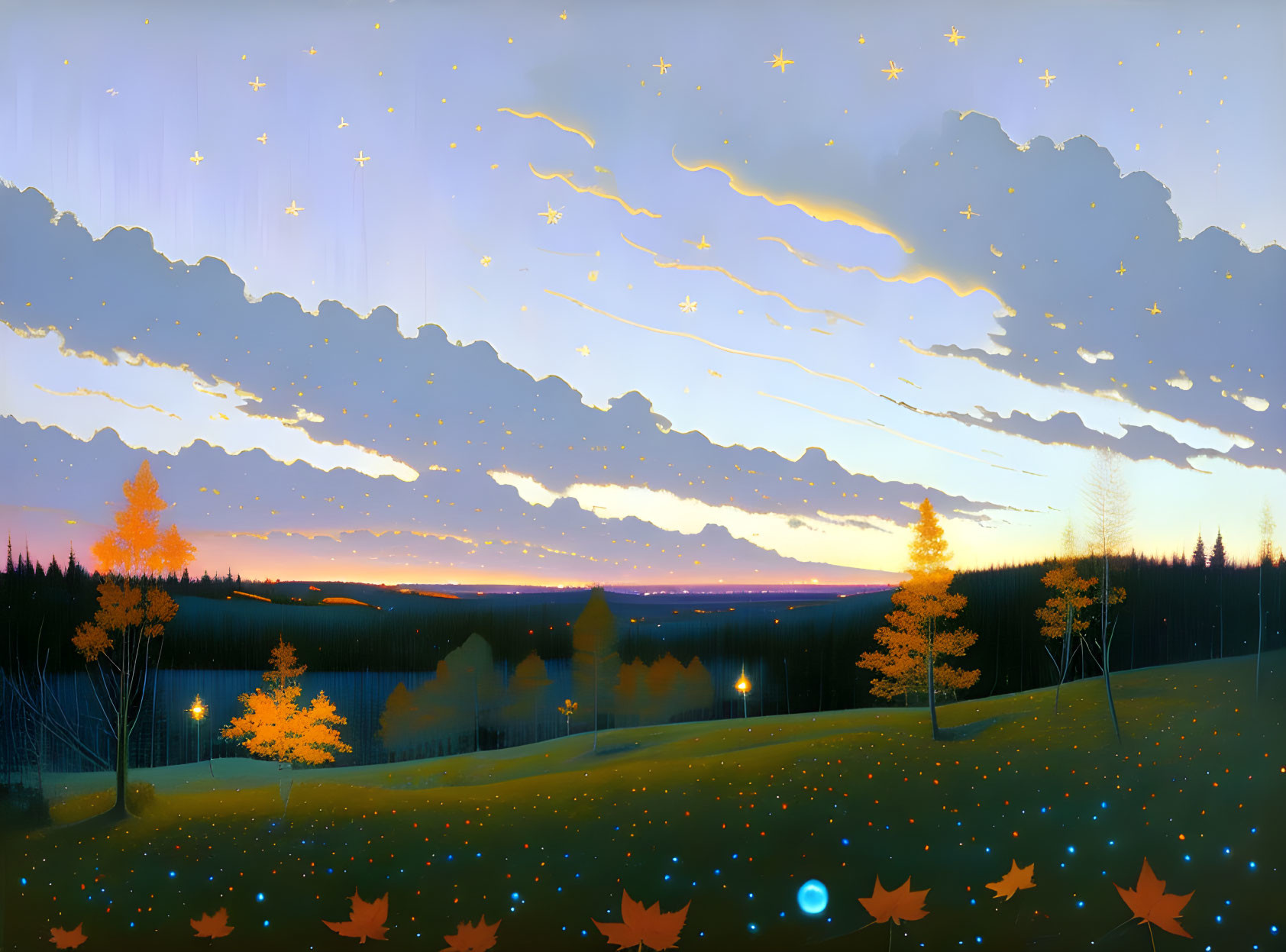 Tranquil dusk landscape: starry sky, falling stars, autumn trees.