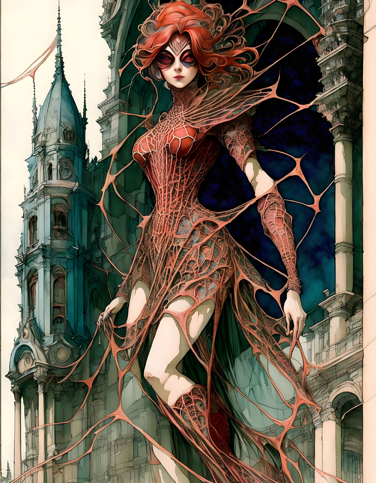 Red-haired woman in vine-like armor by Gothic cathedral