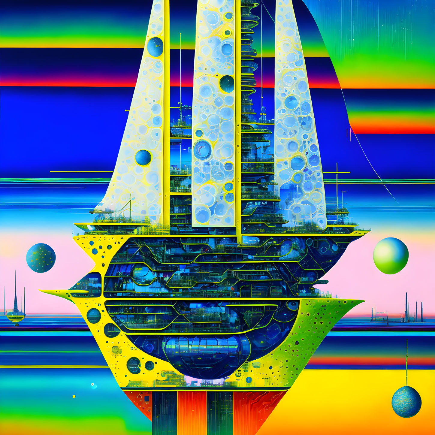 Vibrant futuristic ship art with spheres and stripes in glitchy setting