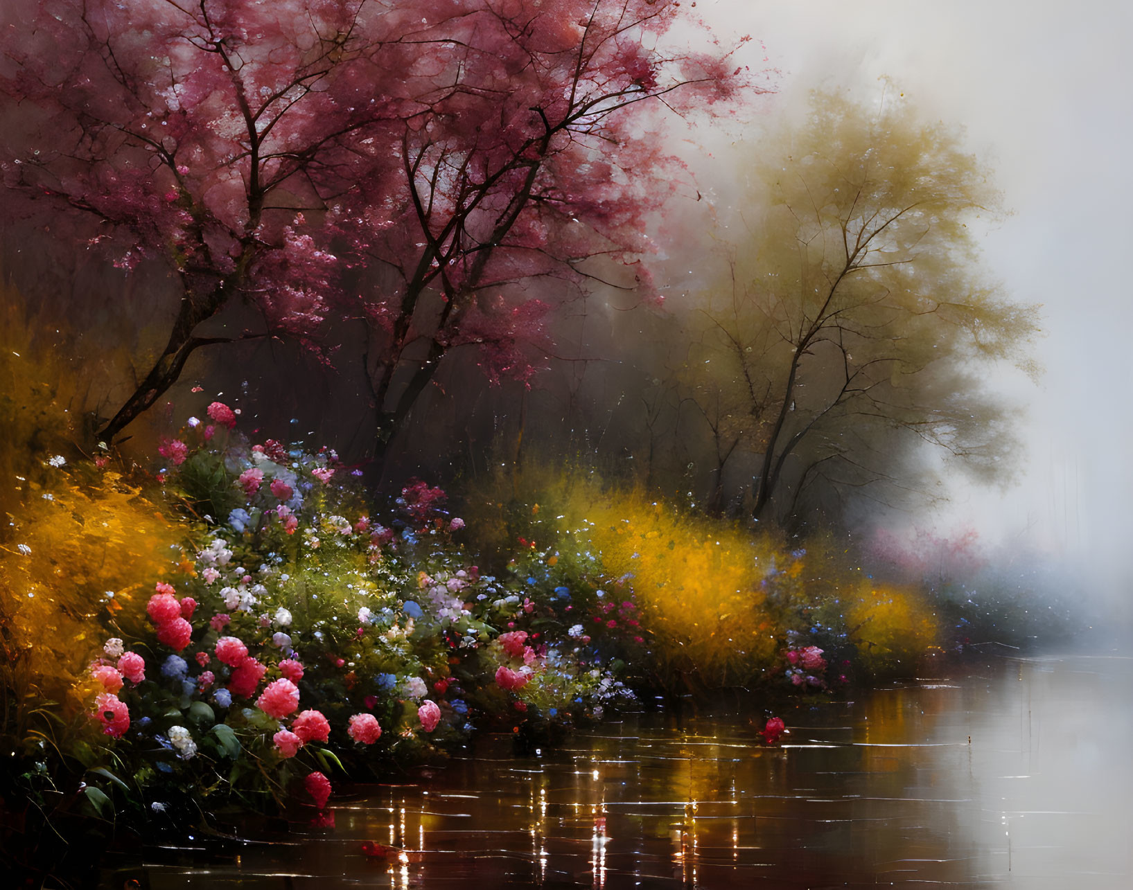 Tranquil riverside view with colorful blooming trees and misty ambiance