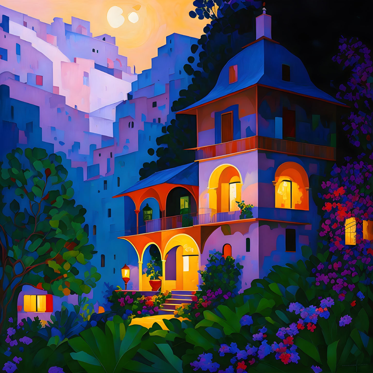 Colorful Villa Illuminated at Twilight with Whimsical Houses and Glowing Moon