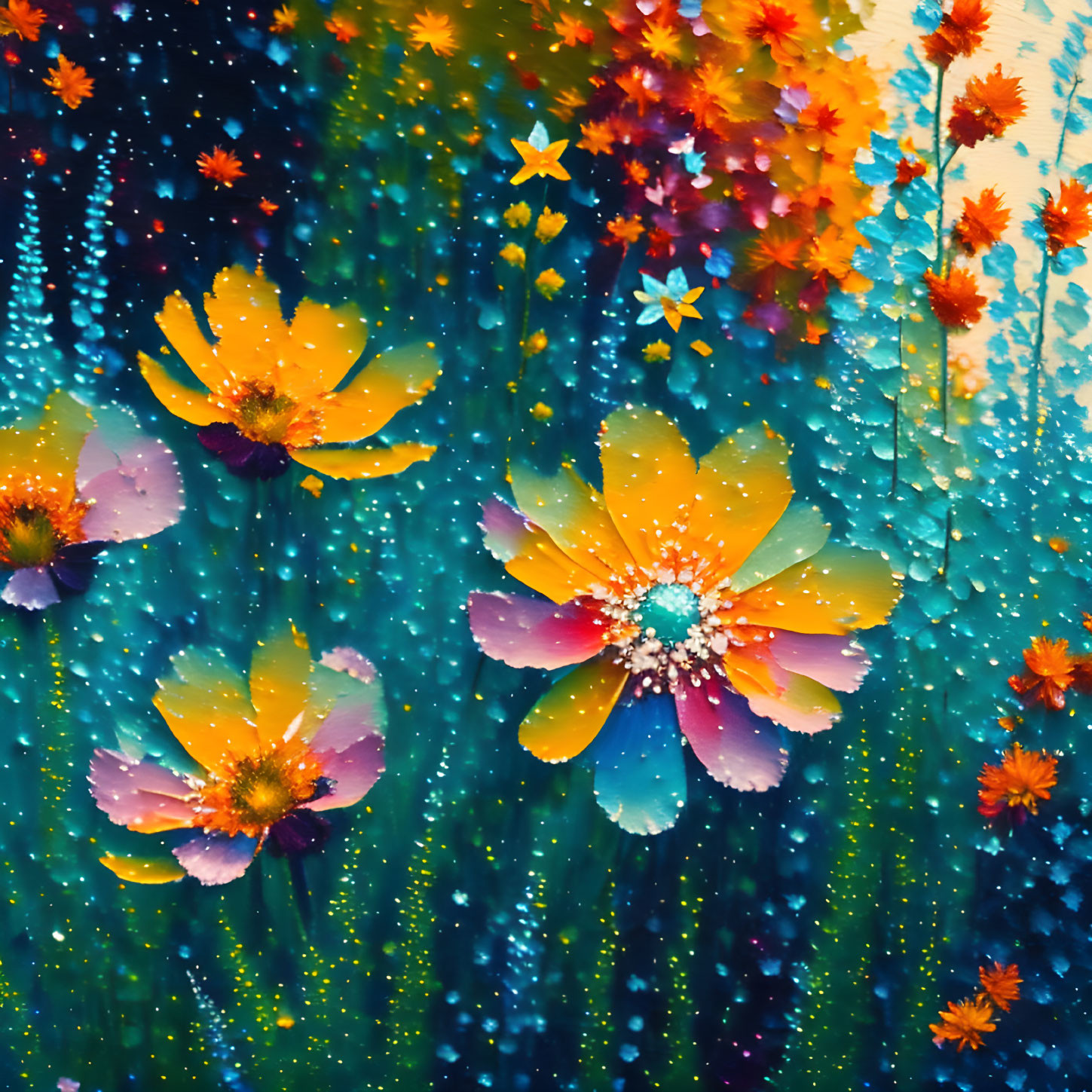 Colorful Abstract Flower Painting with Blue and Green Background