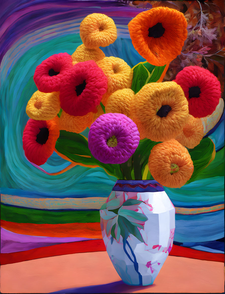 Vibrant floral vase painting on colorful table with swirling backdrop