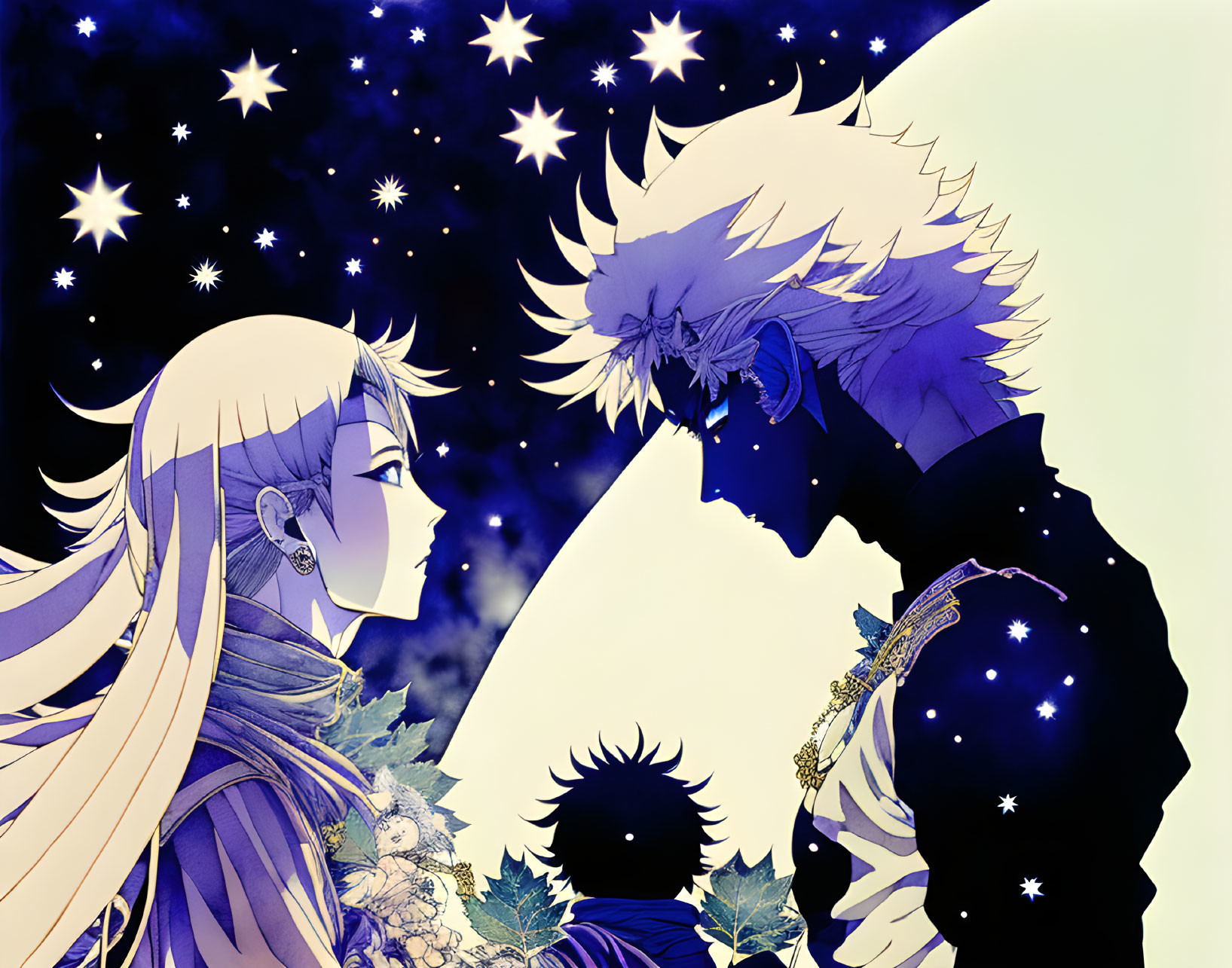 Anime-style characters under starry sky with silhouette.