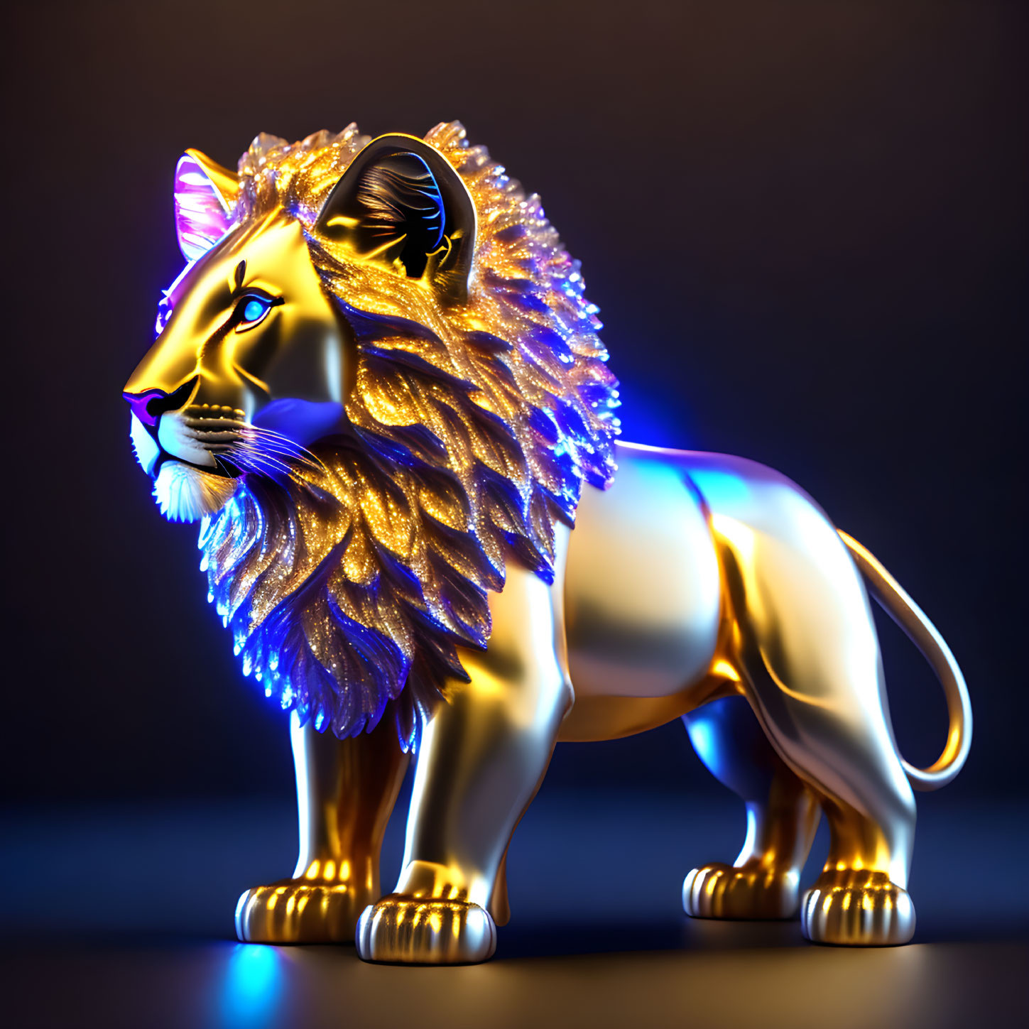 Colorful 3D lion illustration with golden mane and blue features