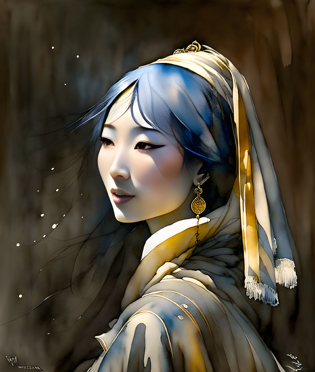 Blue-tinted hair woman in traditional attire with gold accessories