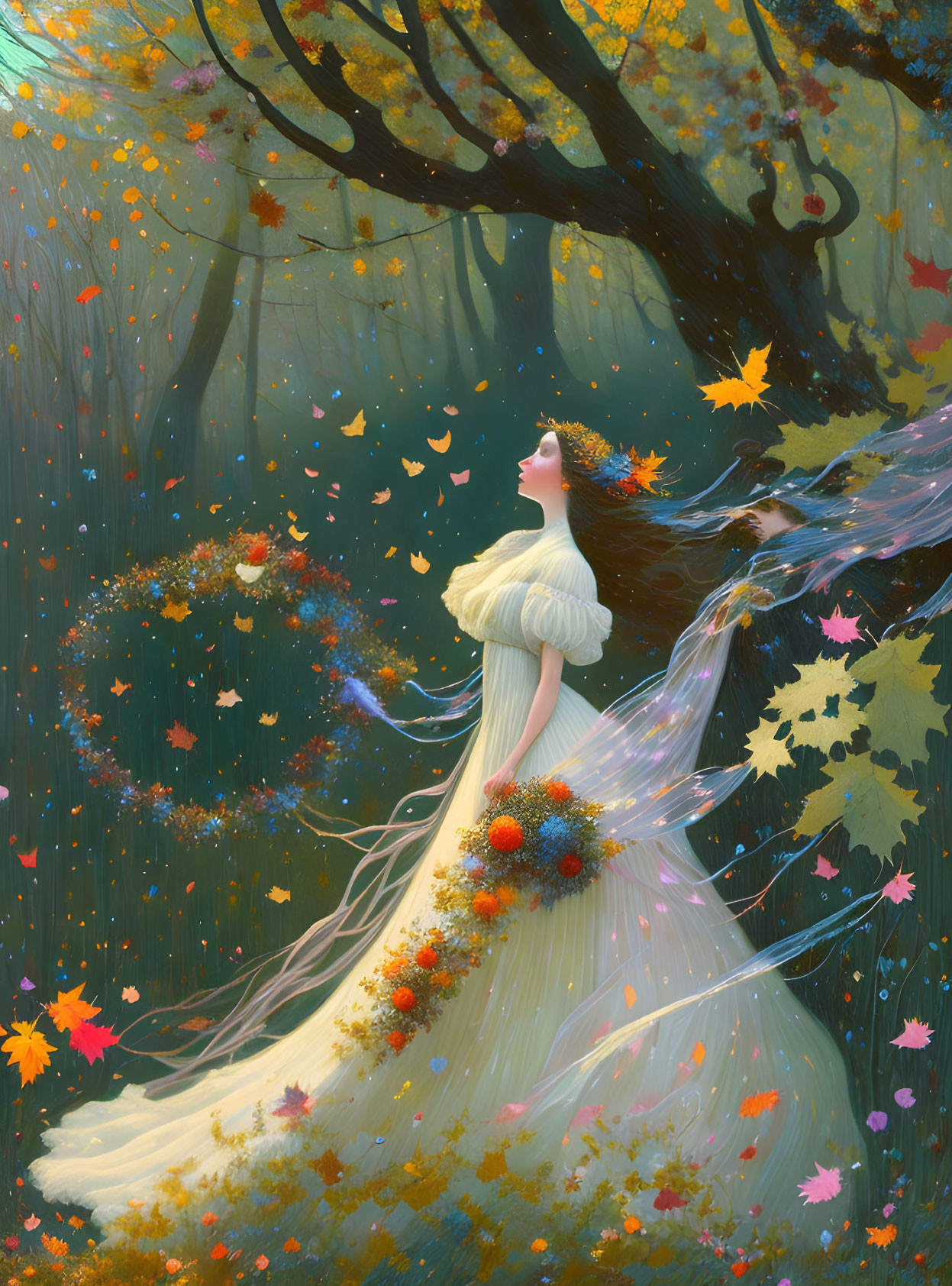 Woman in elegant gown surrounded by swirling autumn leaves in forest