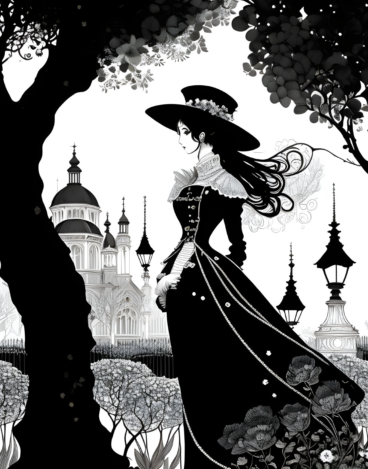 Monochrome Victorian woman illustration with detailed tree and buildings