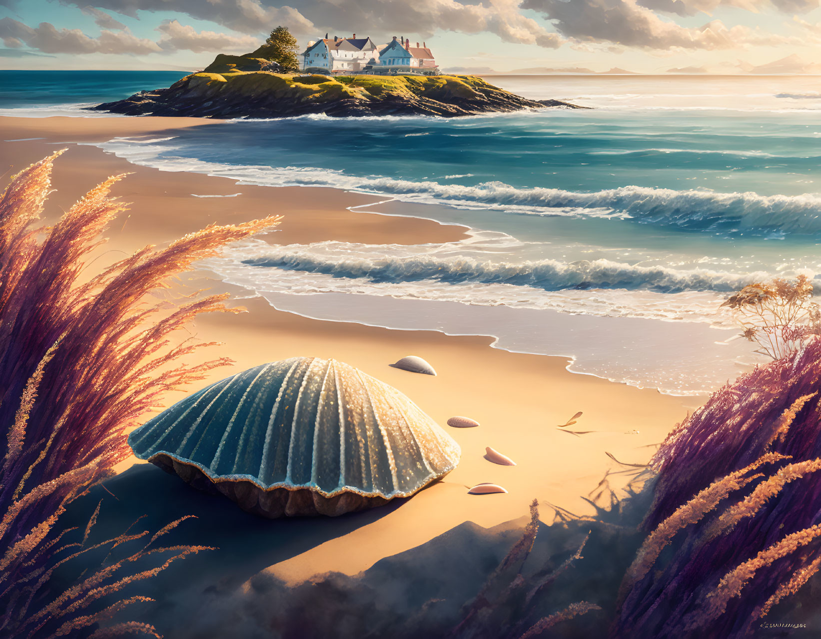 Scenic seascape with seashell, wild grass, sandy beach, and island buildings