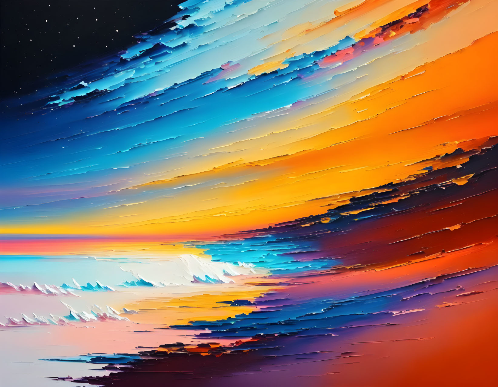 Colorful Abstract Painting: Orange, Blue, and Black Strokes Depicting Sunset Seascape