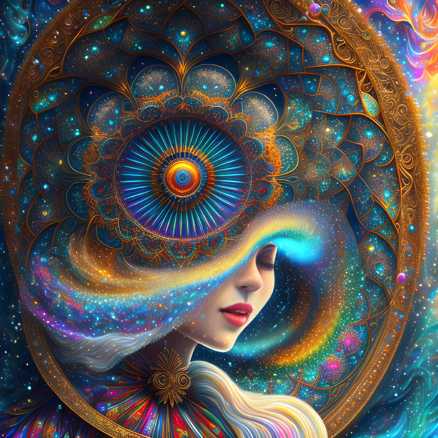 Vibrant digital art: woman's profile with cosmic mandala eye