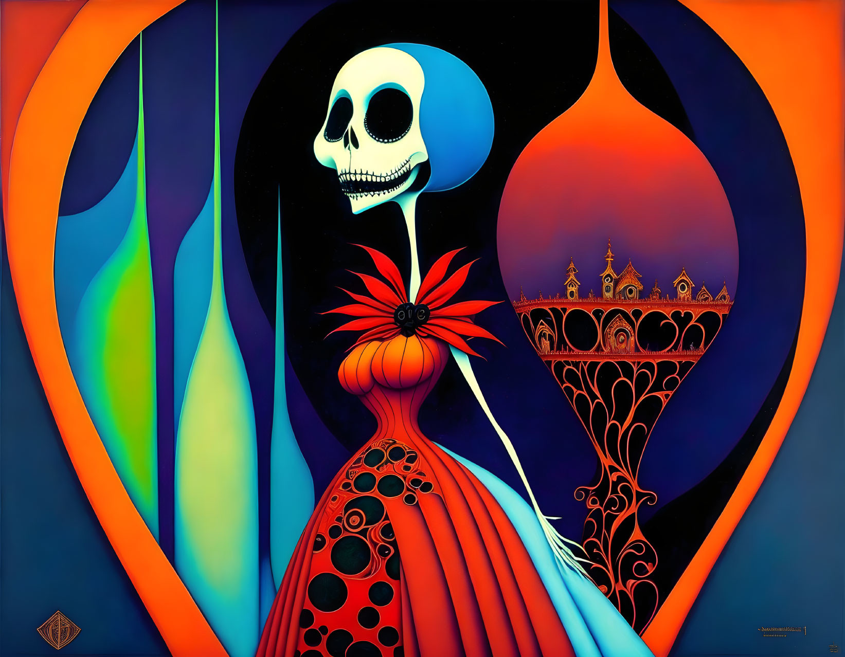 Colorful painting of skeletal figure in dress with flower against abstract background.