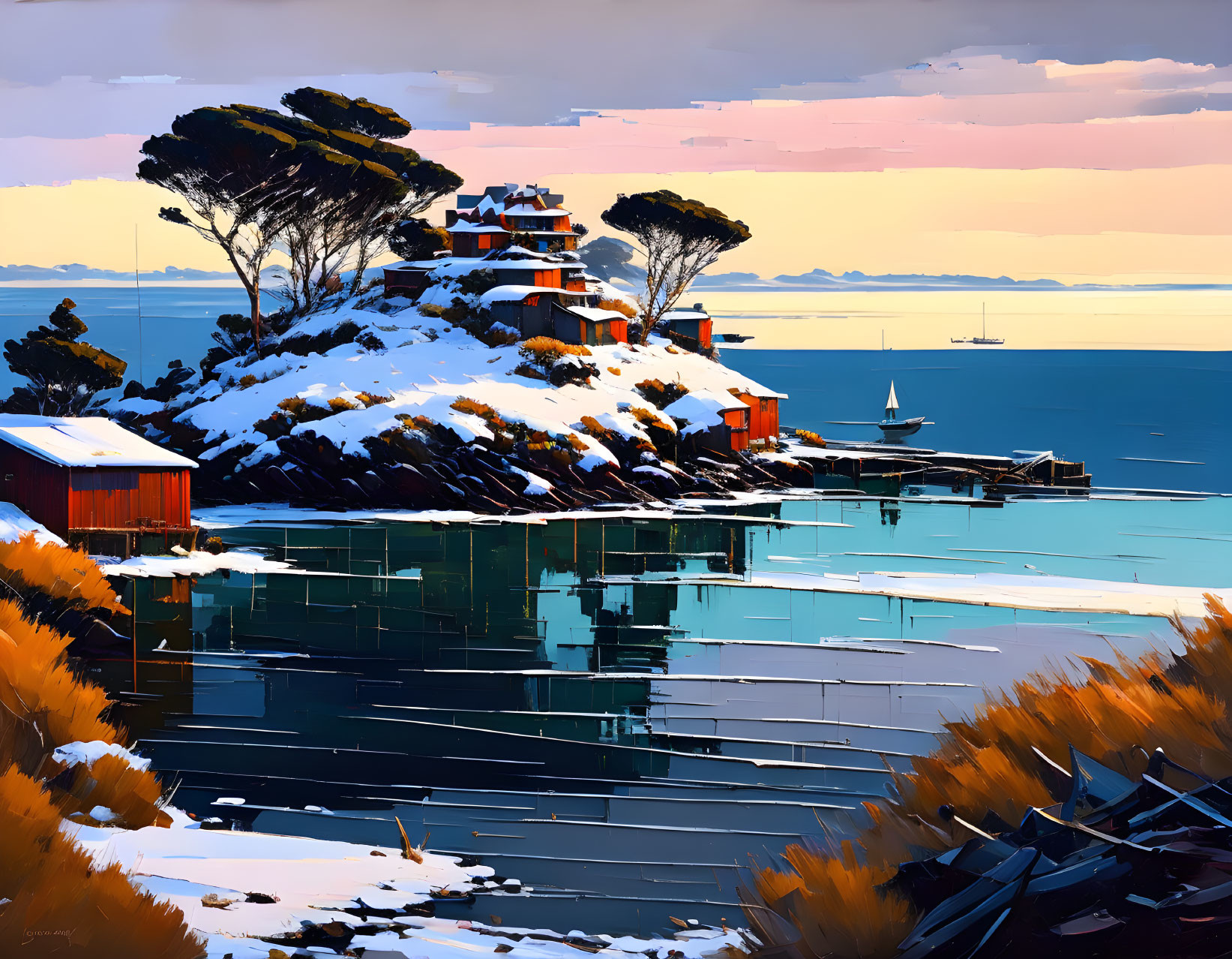 Colorful coastal scene with snow-covered land and calm sea