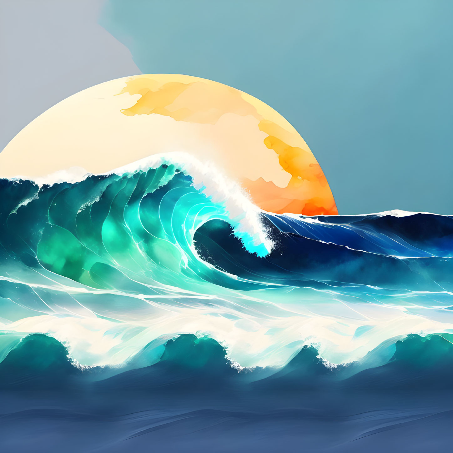 Vibrant blue wave cresting under yellow sun in digital art