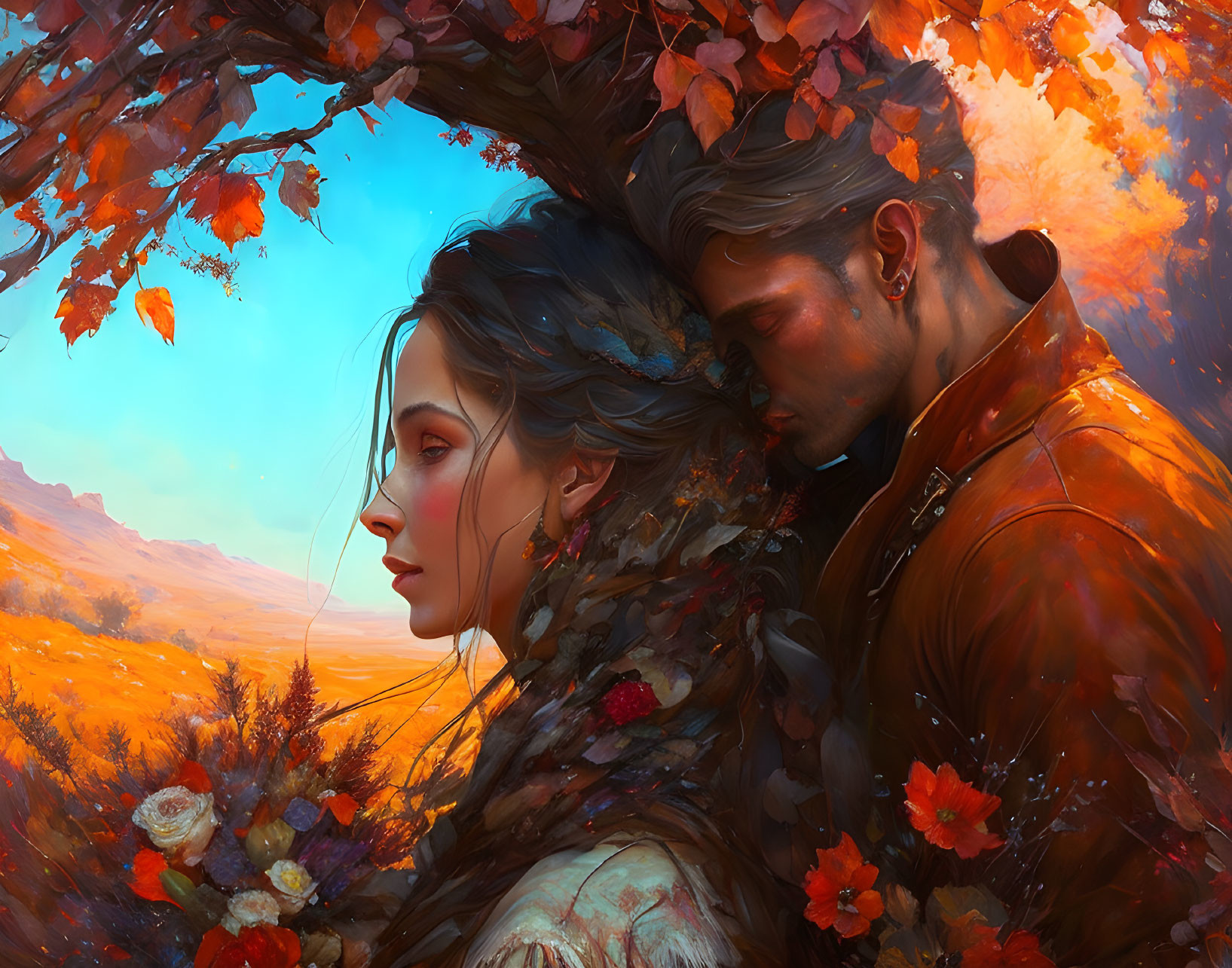 Couple Embraces Under Autumn Tree with Flora-Adorned Clothes