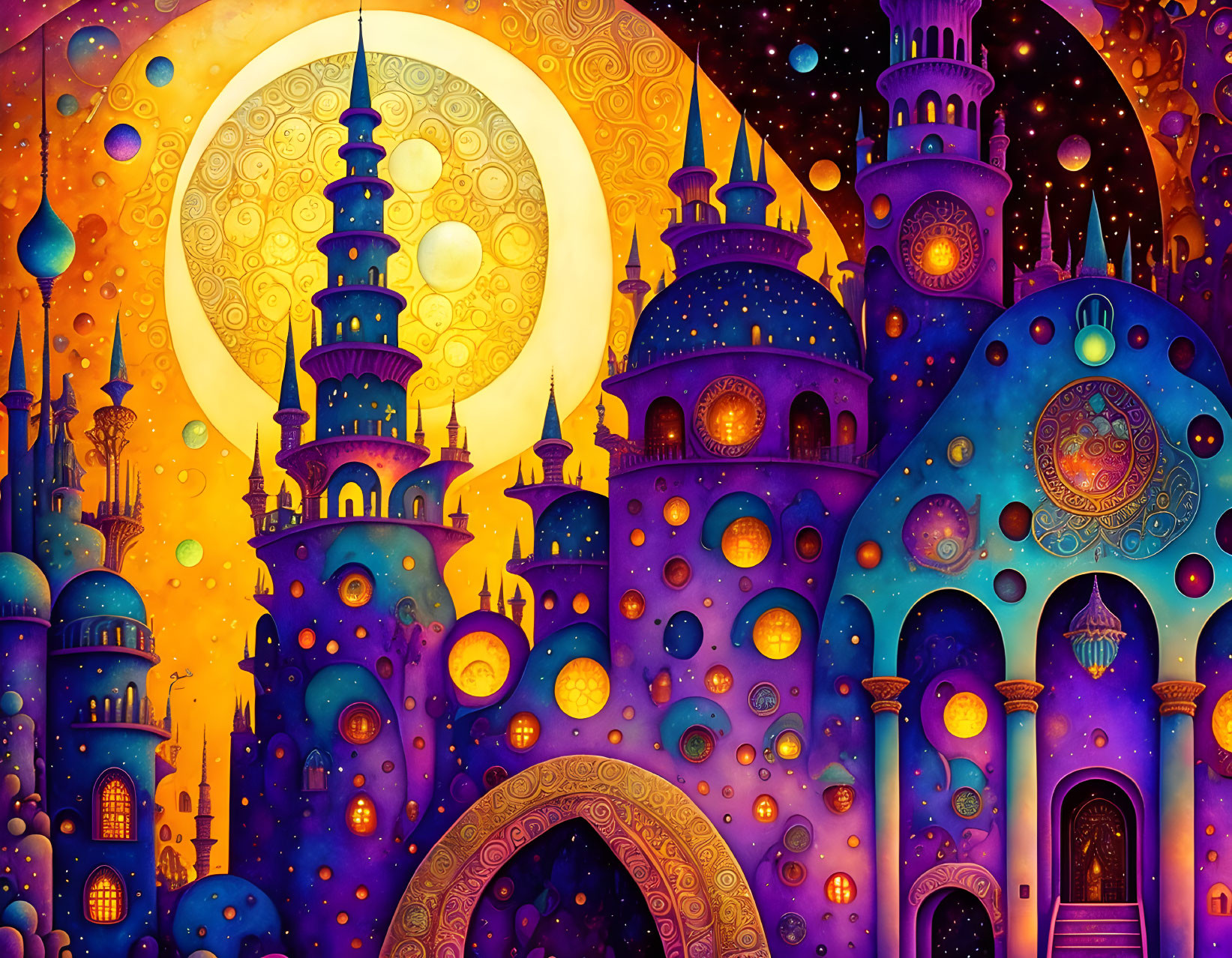 Colorful Fantasy Oriental City Illustration Under Starry Night Sky