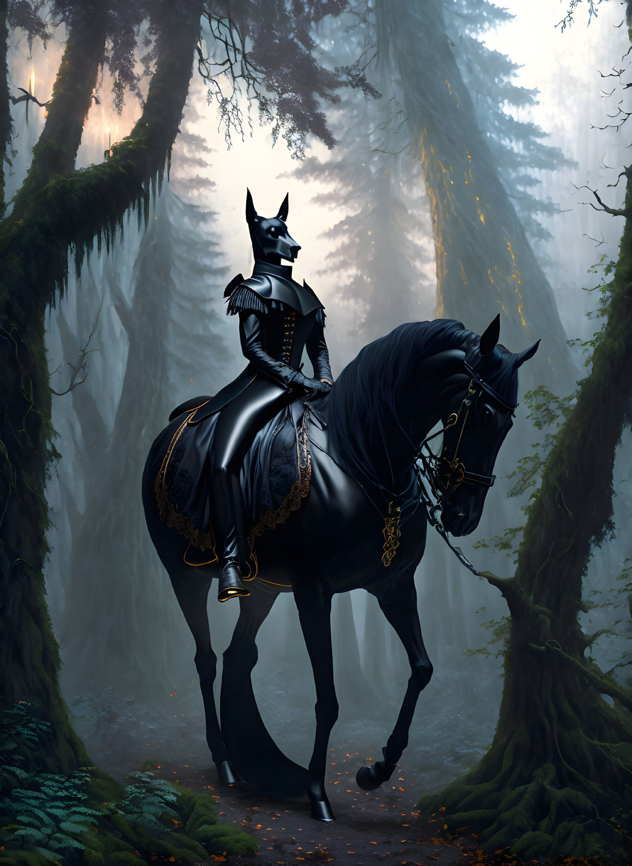 Knight in cat-like helmet on black horse in misty forest