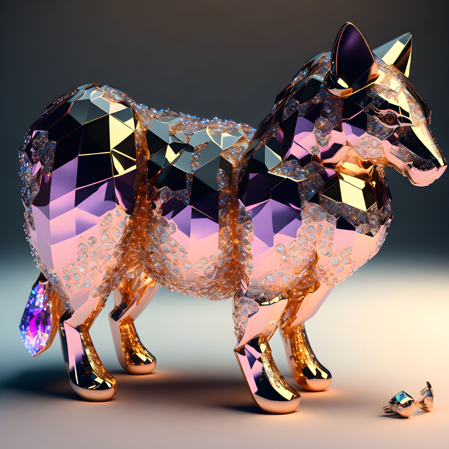 Fragmented Crystalline Pig 3D Rendering with Gold and Purple Facets