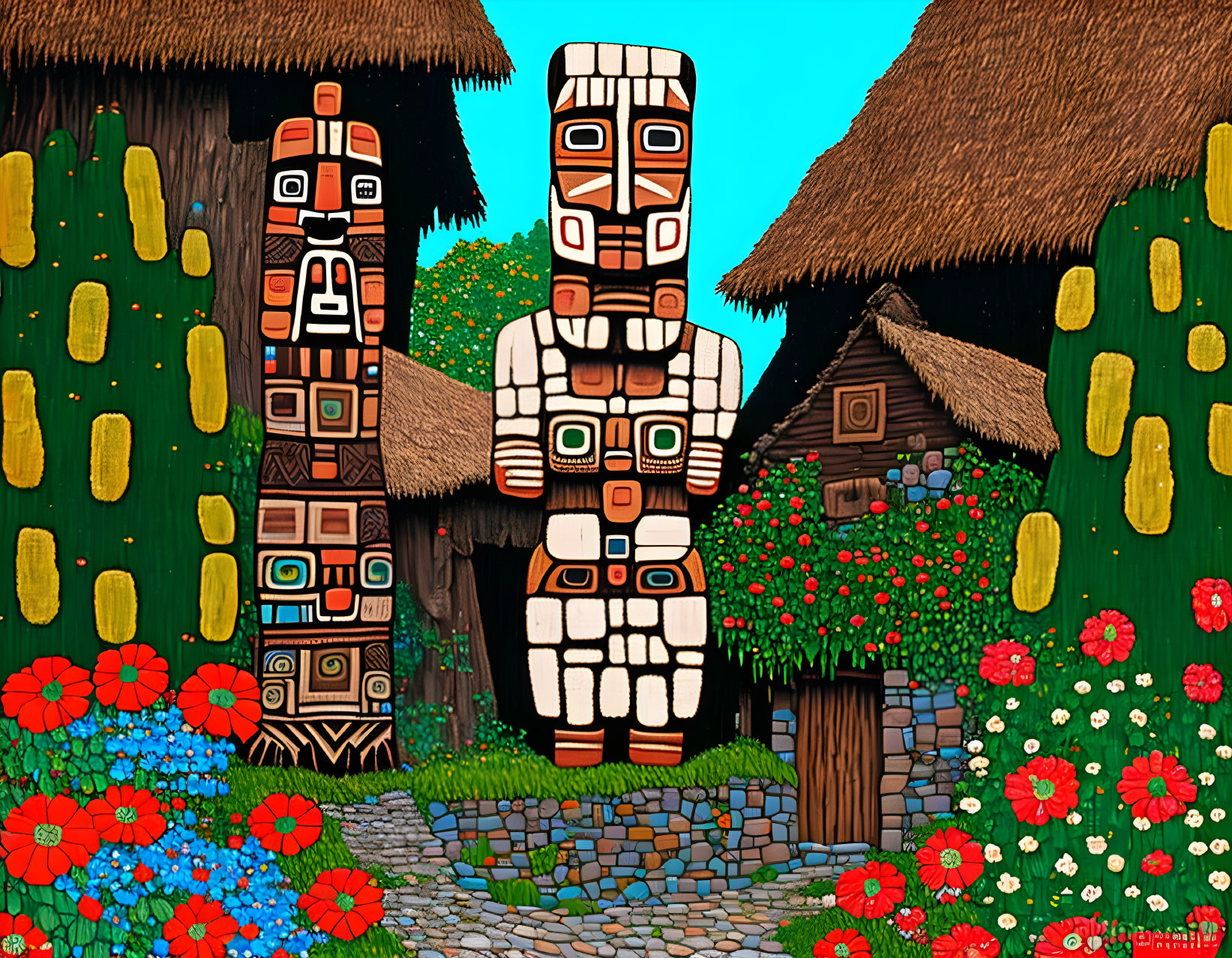 Vibrant totem poles and thatched huts in desert landscape