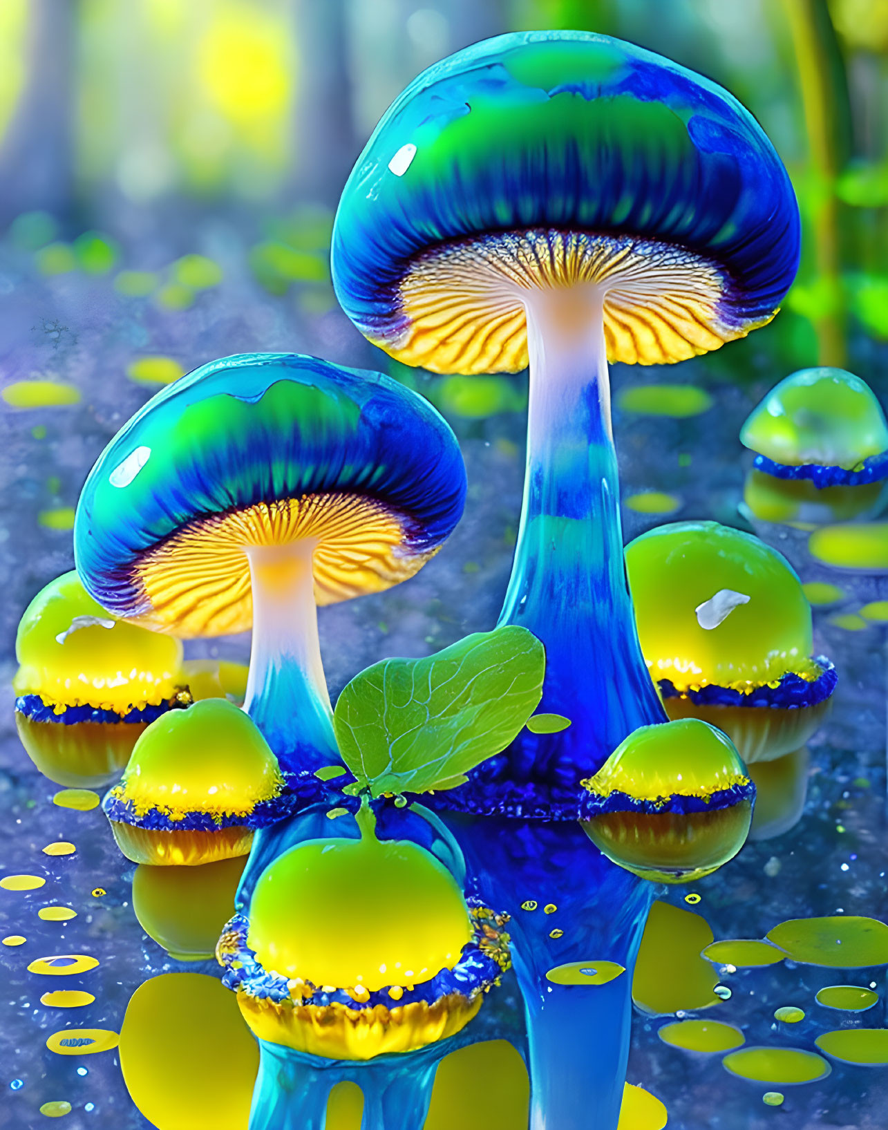 Colorful Blue and Yellow Fantasy Mushrooms in Enchanted Forest