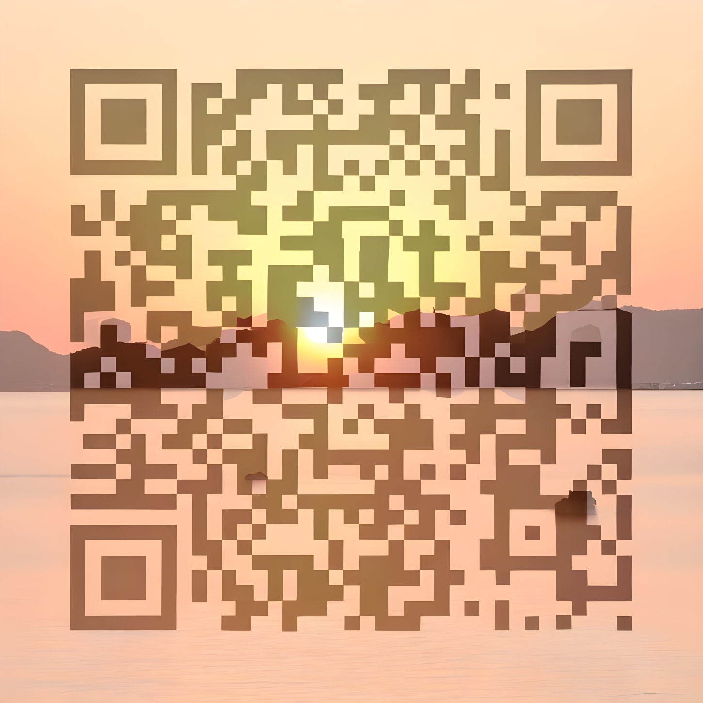 Mountain sunset pixelated QR code over water landscape.