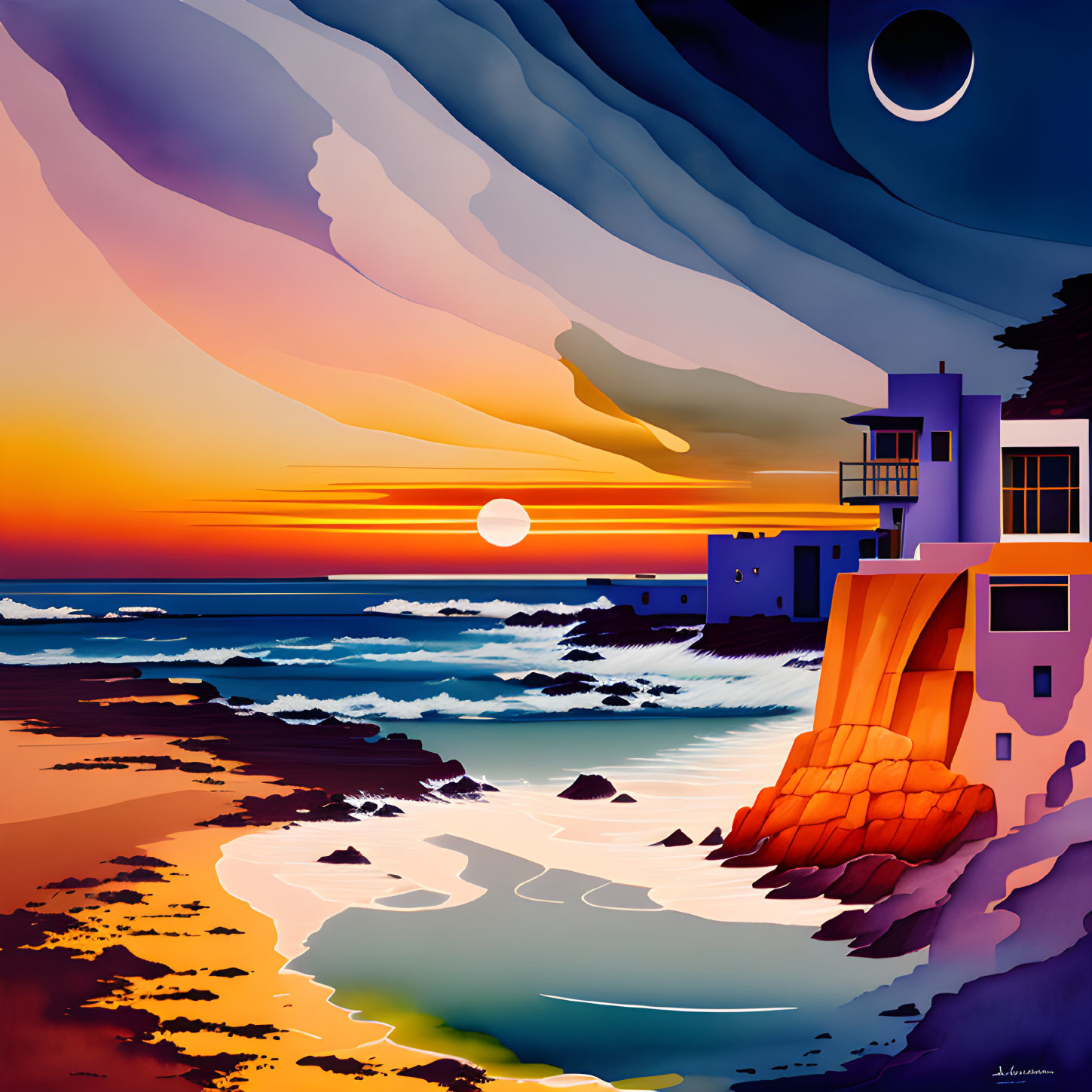 Colorful digital artwork: Coastal sunset, modern building, sun reflection, eclipse, dynamic clouds.