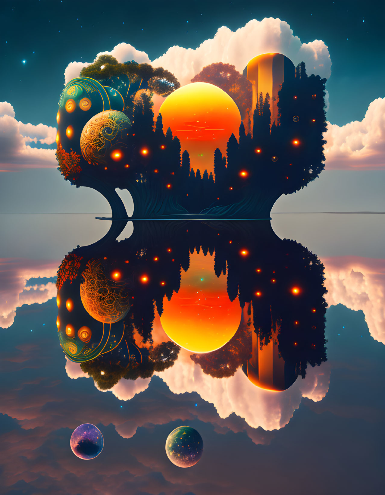 Surreal sunset landscape with tree silhouette, ornate spheres, and reflection loop