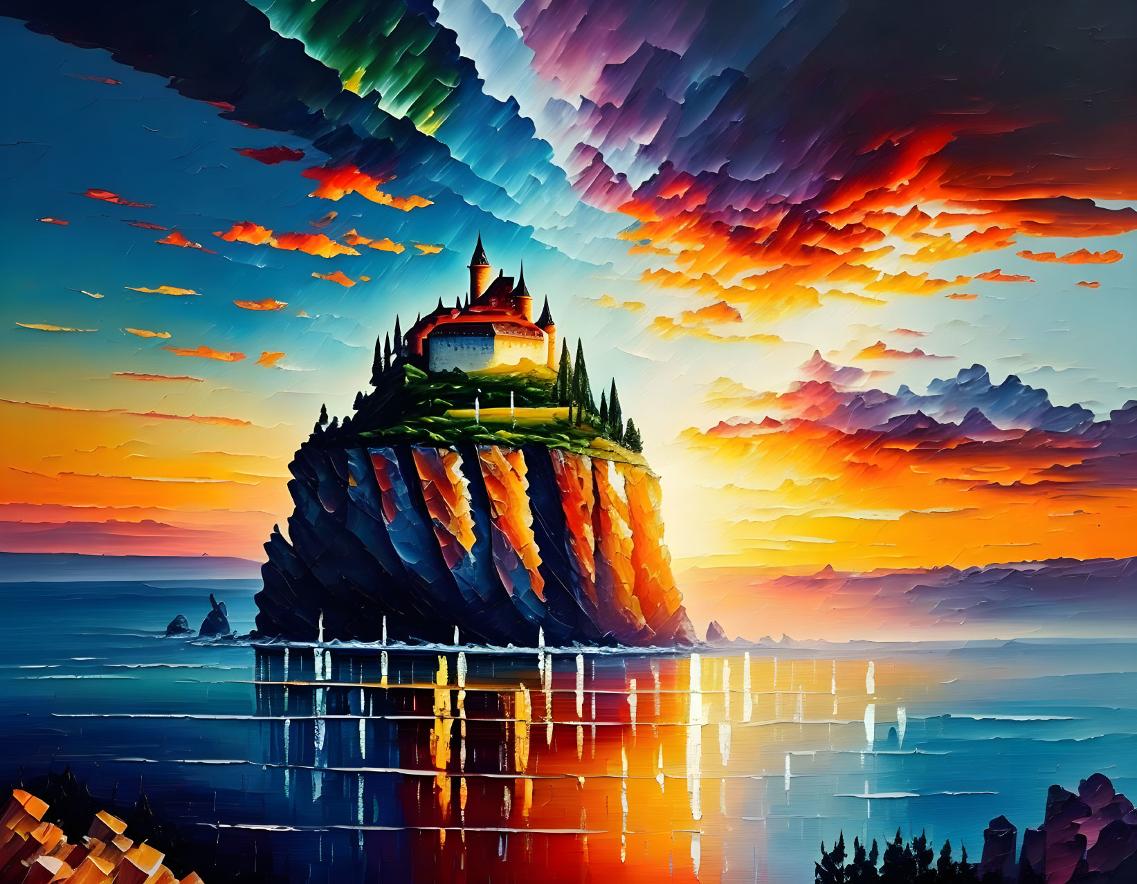 Castle on Cliff at Sunset with Dramatic Sky and Water Reflections