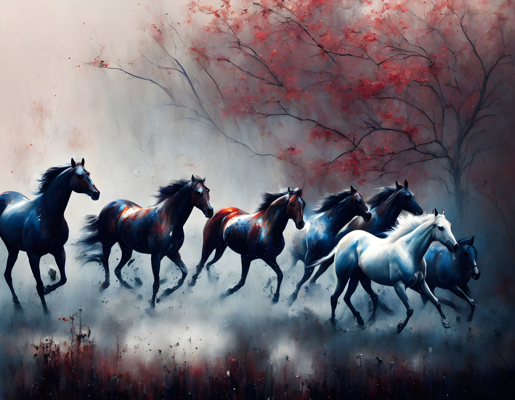 Herd of horses galloping in misty landscape with red-leafed trees