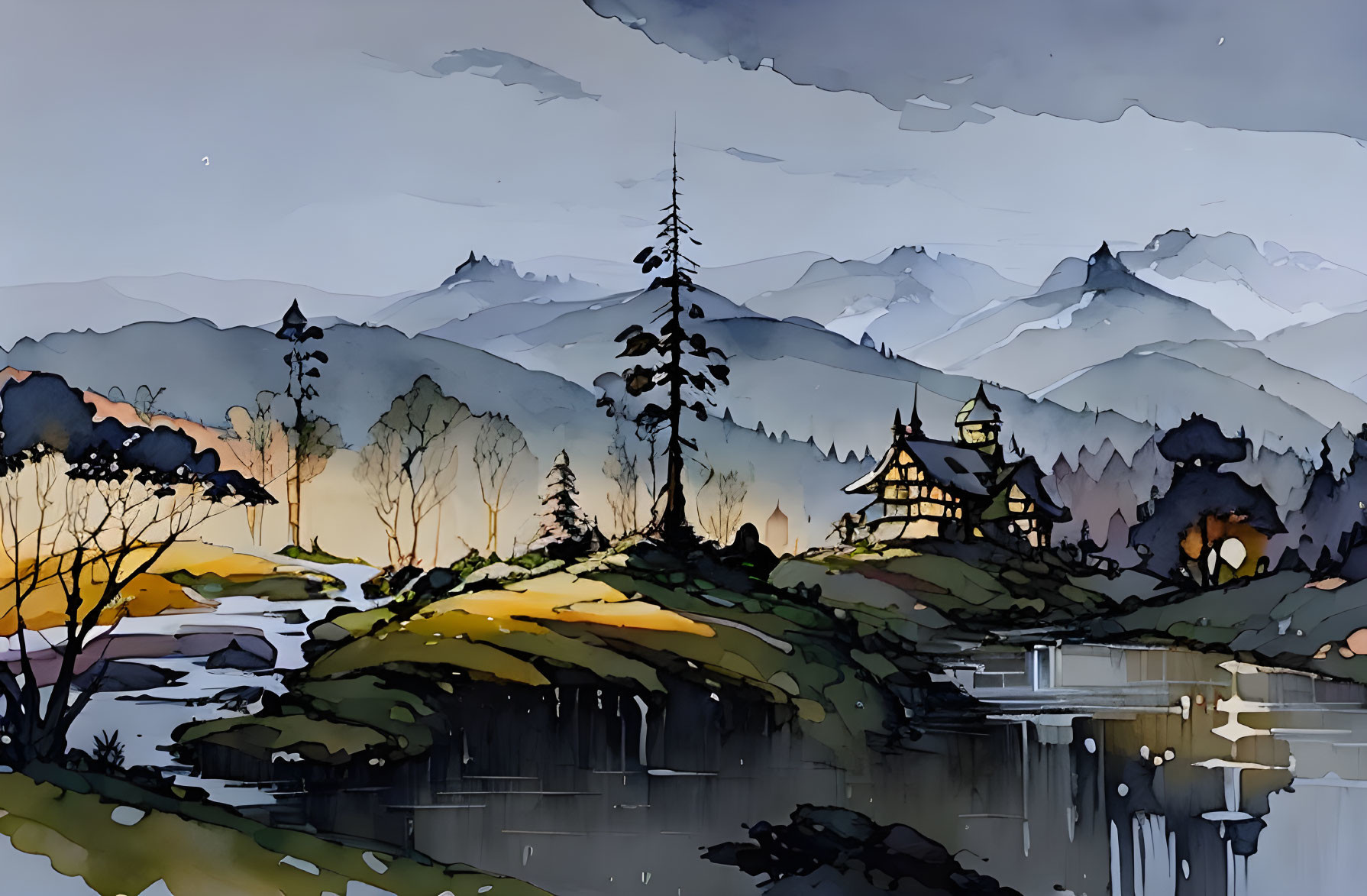 Serene landscape painting with traditional house, lake, trees, and misty mountains