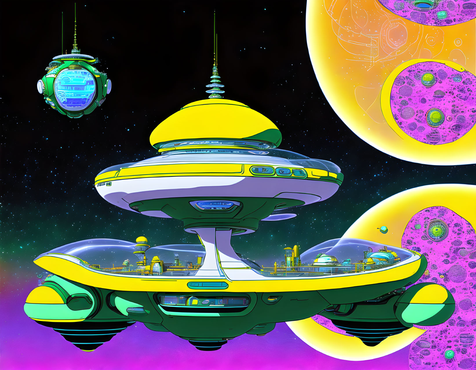 Futuristic spaceship in vibrant sci-fi scene