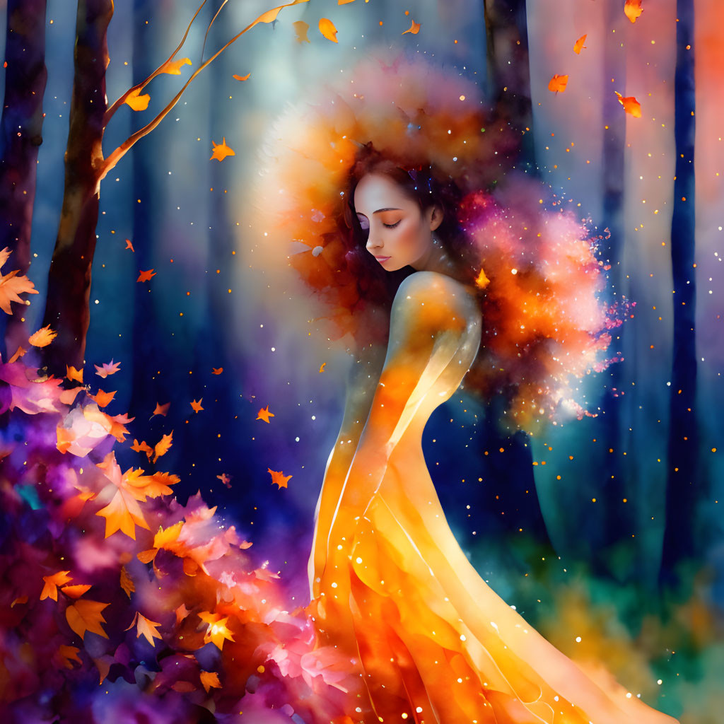 Woman in yellow dress surrounded by autumn leaves in mystical forest