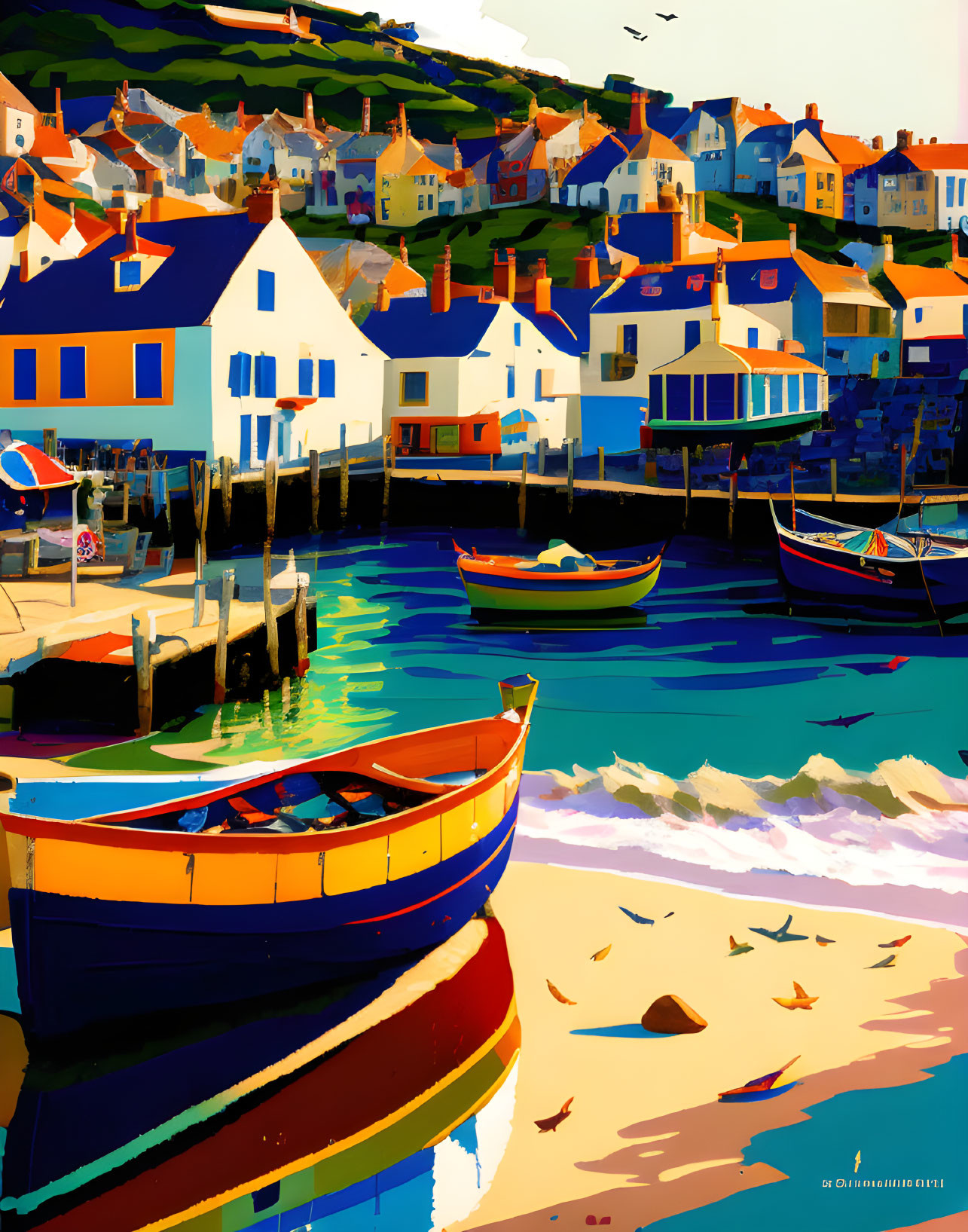 Vibrant seaside village with boats and vivid houses