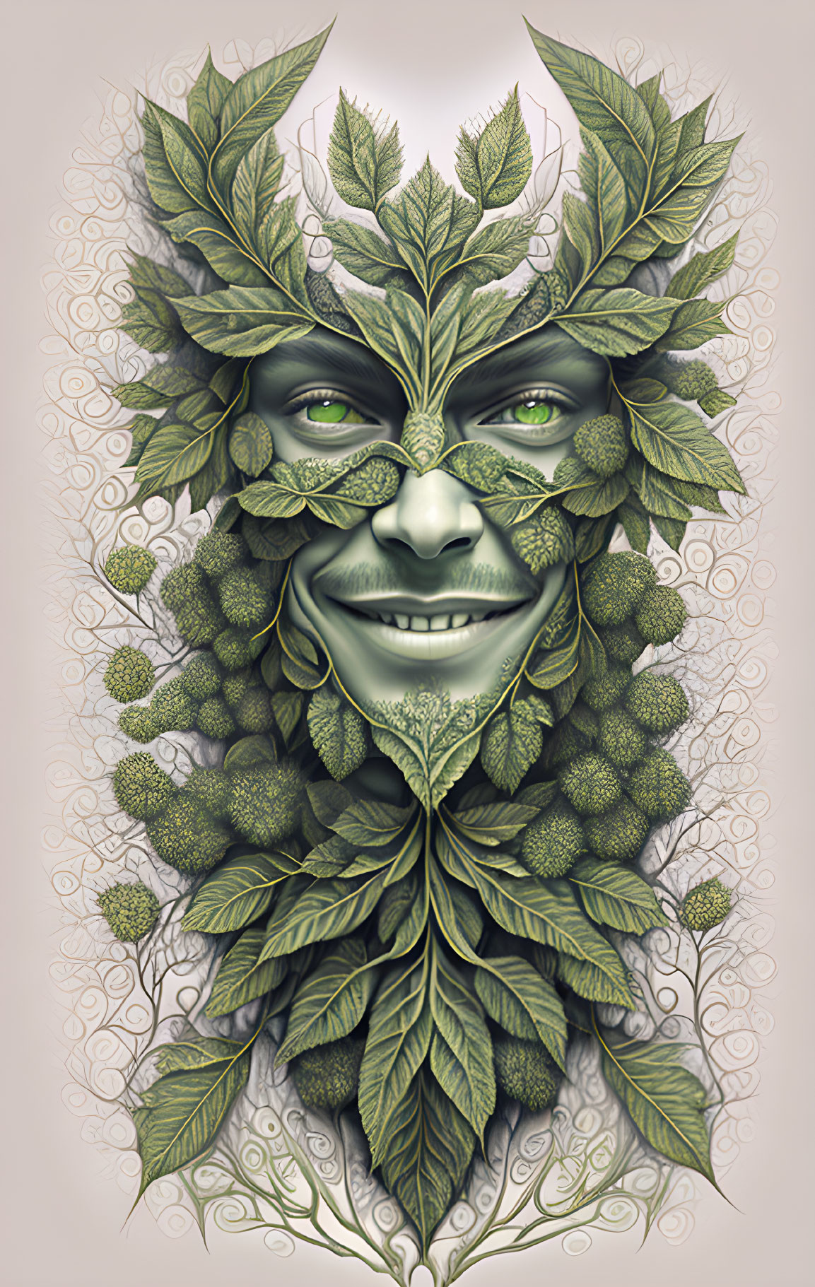 Detailed green man face illustration with mystical nature motifs