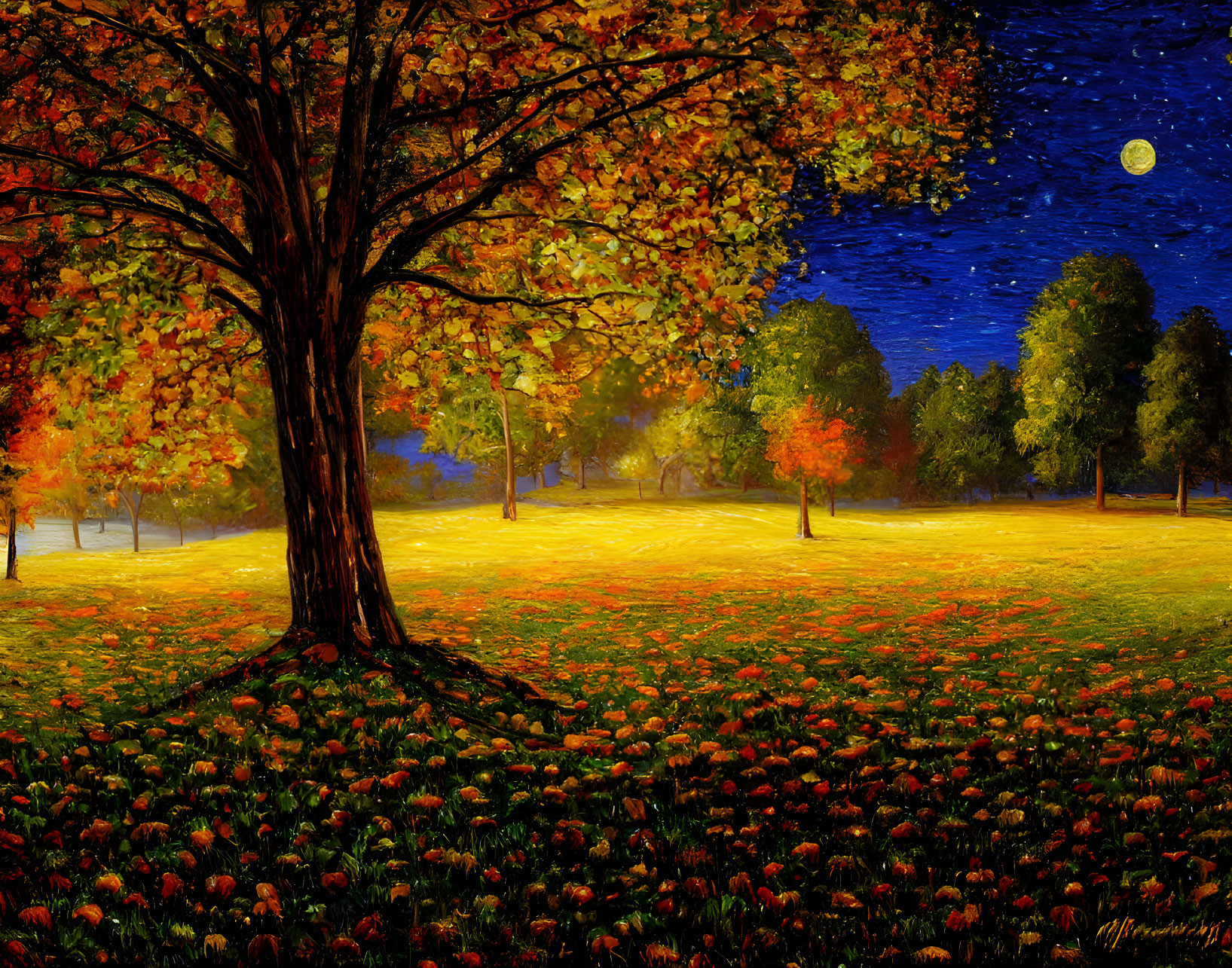 Colorful autumn tree painting under moonlit sky on grassy meadow