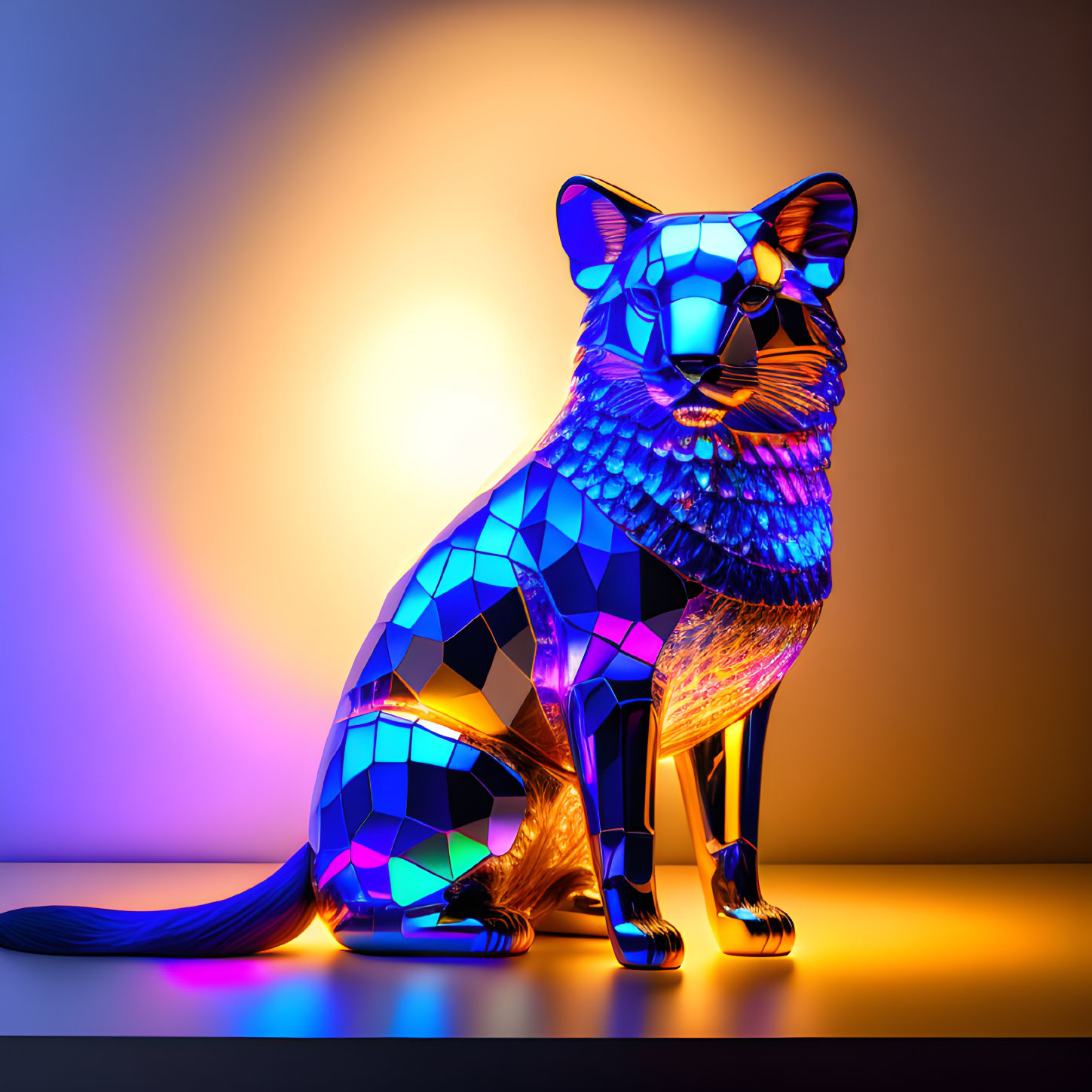 Colorful Geometric Cat Sculpture on Warm Gradient Background